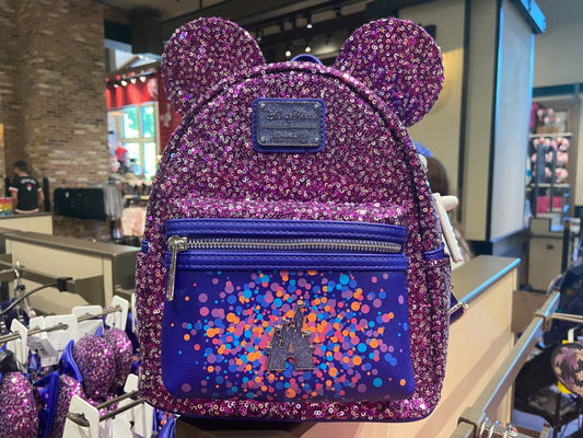 Disney Parks Fantasyland Castle Sequin Purple and Silver Loungefly Backpack